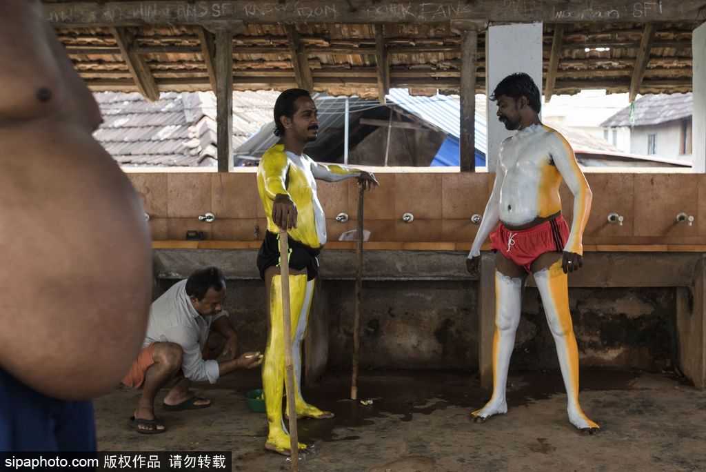 印度傳統(tǒng)虎舞的臺(tái)前幕后 表演者用顏料涂滿(mǎn)全身化身“猛虎”