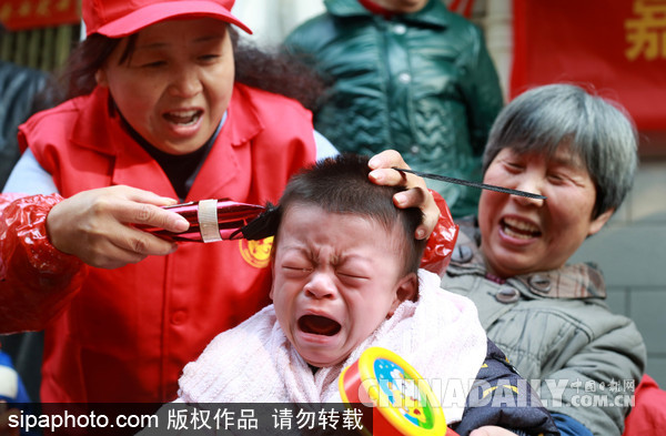 安徽合肥：二月二娃娃“剃龍頭”萌態百出（組圖）