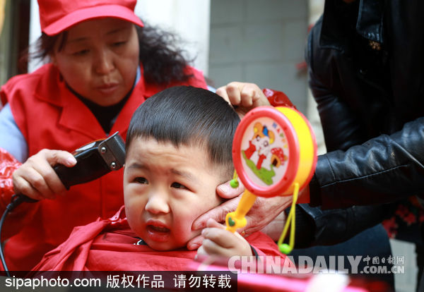 安徽合肥:二月二娃娃“剃龍頭”萌態(tài)百出(組圖)