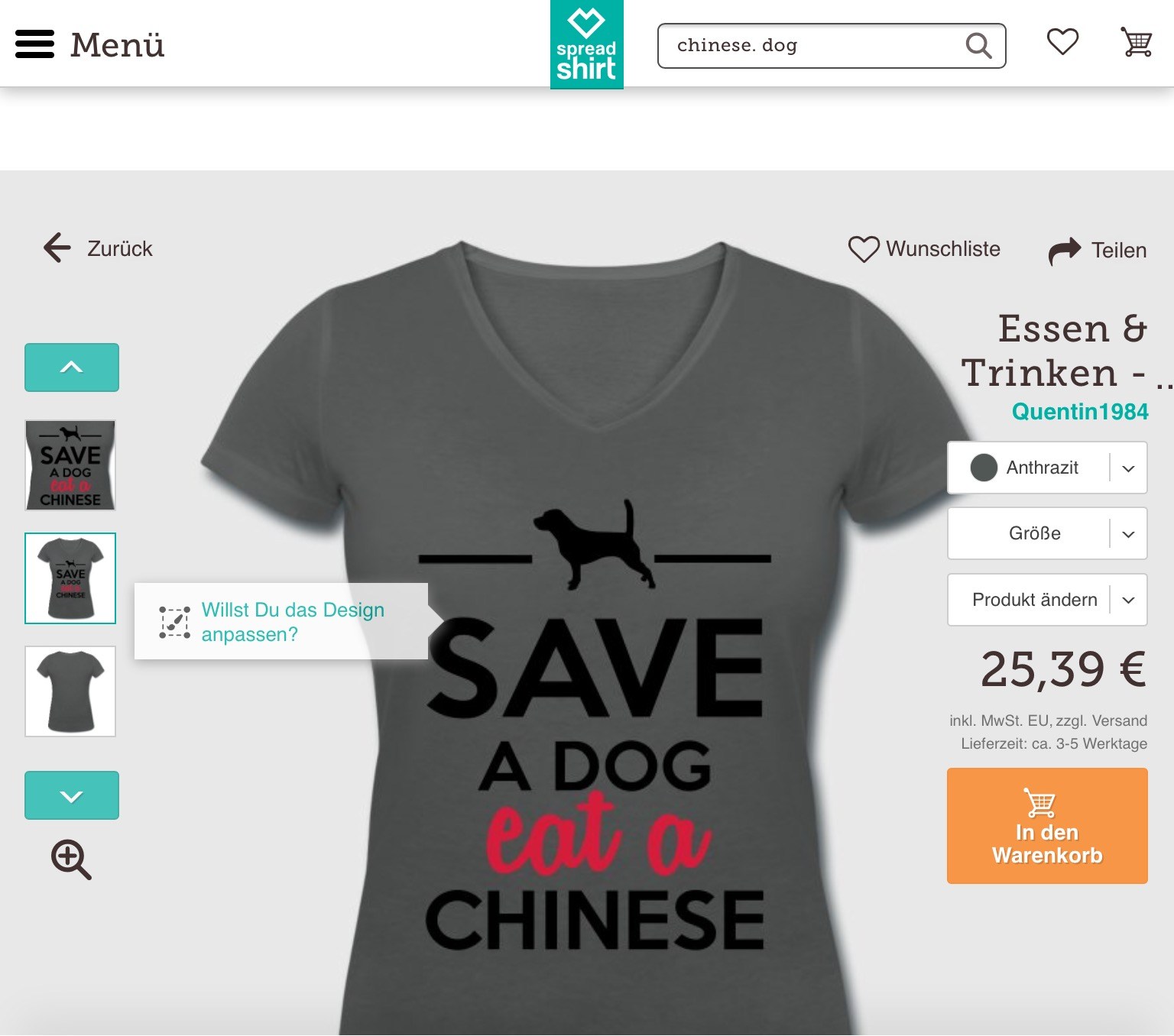 救一只狗吃一個中國人？德網驚現吃人T恤售價25歐（圖）