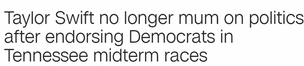 霉霉打破沉默表達(dá)政治立場(chǎng),特朗普:對(duì)她歌的喜愛減少25%丨外媒說